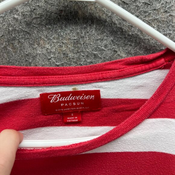 Budweiser PacSun Shirt Women Small Red White Striped Crewneck Embroidered Logo T - Picture 7 of 11